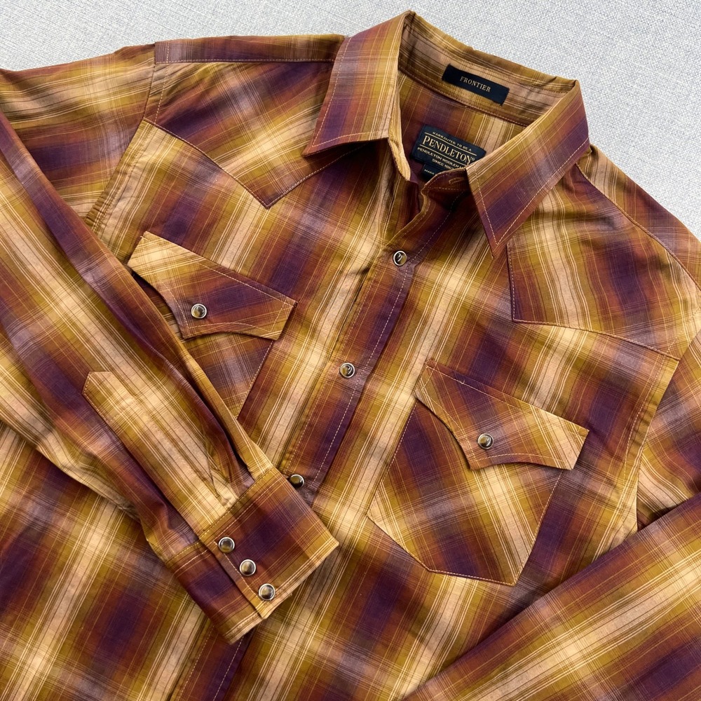 Pendleton Frontier Western Pearl Snap Shirt Mens M Brown Plaid Flap Pockets Yoke